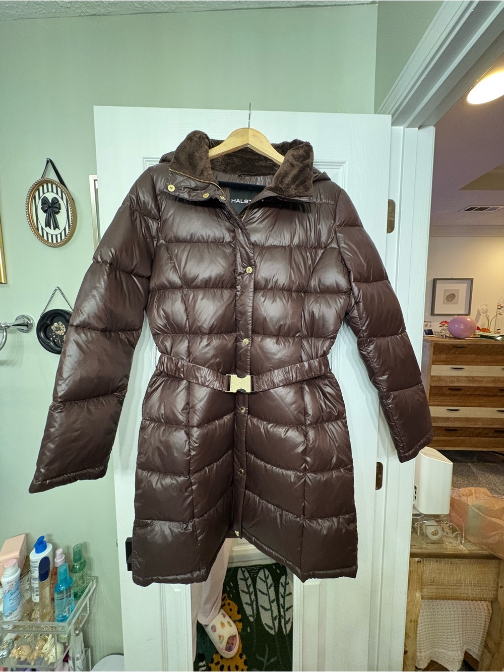 Halston Women's Cire Belted Puffer Coat in Brown NWOT